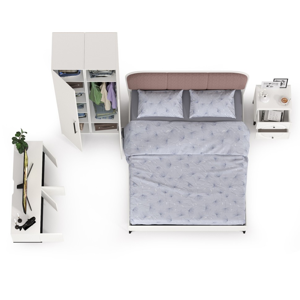 Валенсия Спальня № 36, цвет ЛДСП белый шагрень/чёрный/МДФ белый шагрень/ткань велутто 19, ортопед есть, сп. м. 1600х2000 мм., б/м