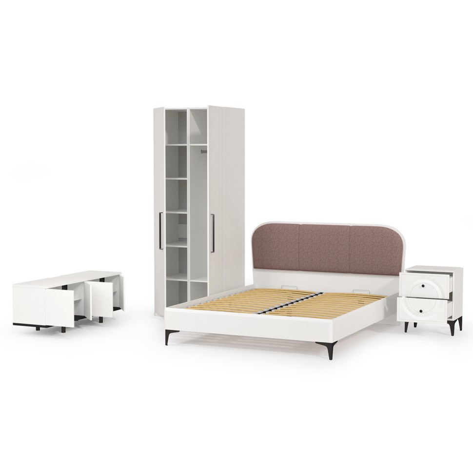 Валенсия Спальня № 36, цвет ЛДСП белый шагрень/чёрный/МДФ белый шагрень/ткань велутто 19, ортопед есть, сп. м. 1600х2000 мм., б/м