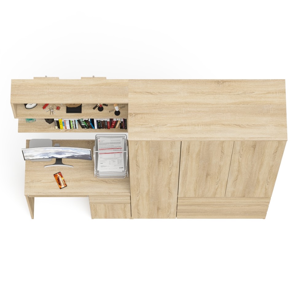 Мори Стол компьютерный МС-1 правый + Шкаф МШ1200.1 + Полка 900, цвет дуб сонома, ШхГхВ 210,4х50,4х209,6 см., НЕ универсальная сборка