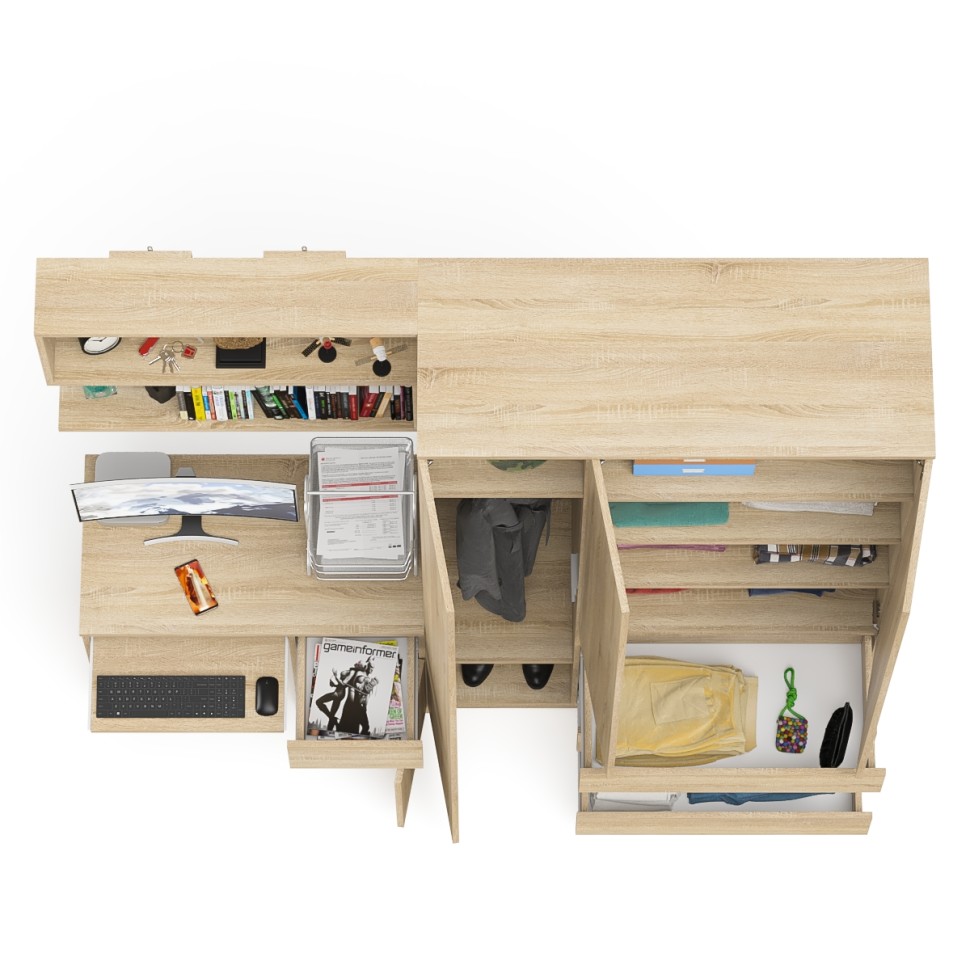 Мори Стол компьютерный МС-1 правый + Шкаф МШ1200.1 + Полка 900, цвет дуб сонома, ШхГхВ 210,4х50,4х209,6 см., НЕ универсальная сборка