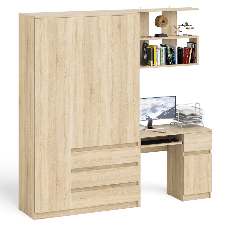 Мори Стол компьютерный МС-1 правый + Шкаф МШ1200.1 + Полка 900, цвет дуб сонома, ШхГхВ 210,4х50,4х209,6 см., НЕ универсальная сборка