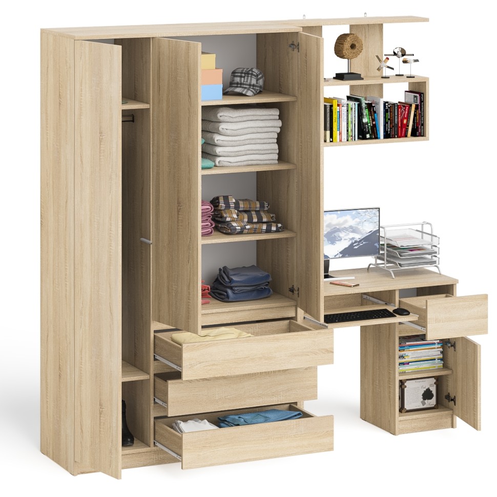 Мори Стол компьютерный МС-1 правый + Шкаф МШ1200.1 + Полка 900, цвет дуб сонома, ШхГхВ 210,4х50,4х209,6 см., НЕ универсальная сборка