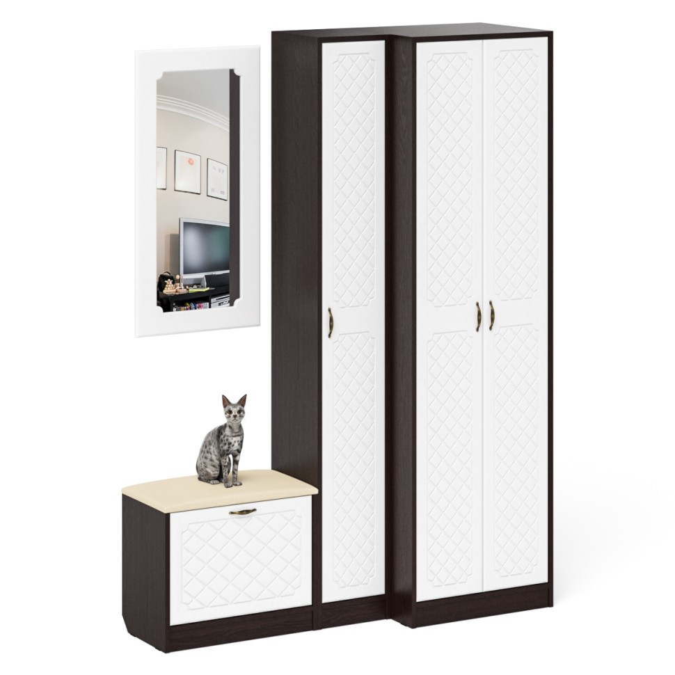 Прихожая П-6 Компоновка № 26, цвет венге/фасады МДФ белое дерево фрезеровка ромб, ШхГхВ 150х50х210 см., универсальная сборка