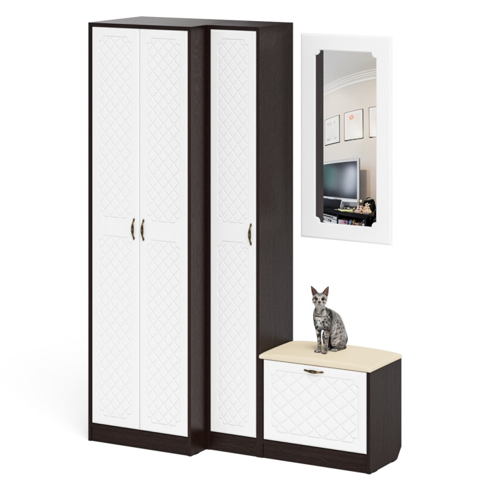 Прихожая П-6 Компоновка № 26, цвет венге/фасады МДФ белое дерево фрезеровка ромб, ШхГхВ 150х50х210 см., универсальная сборка