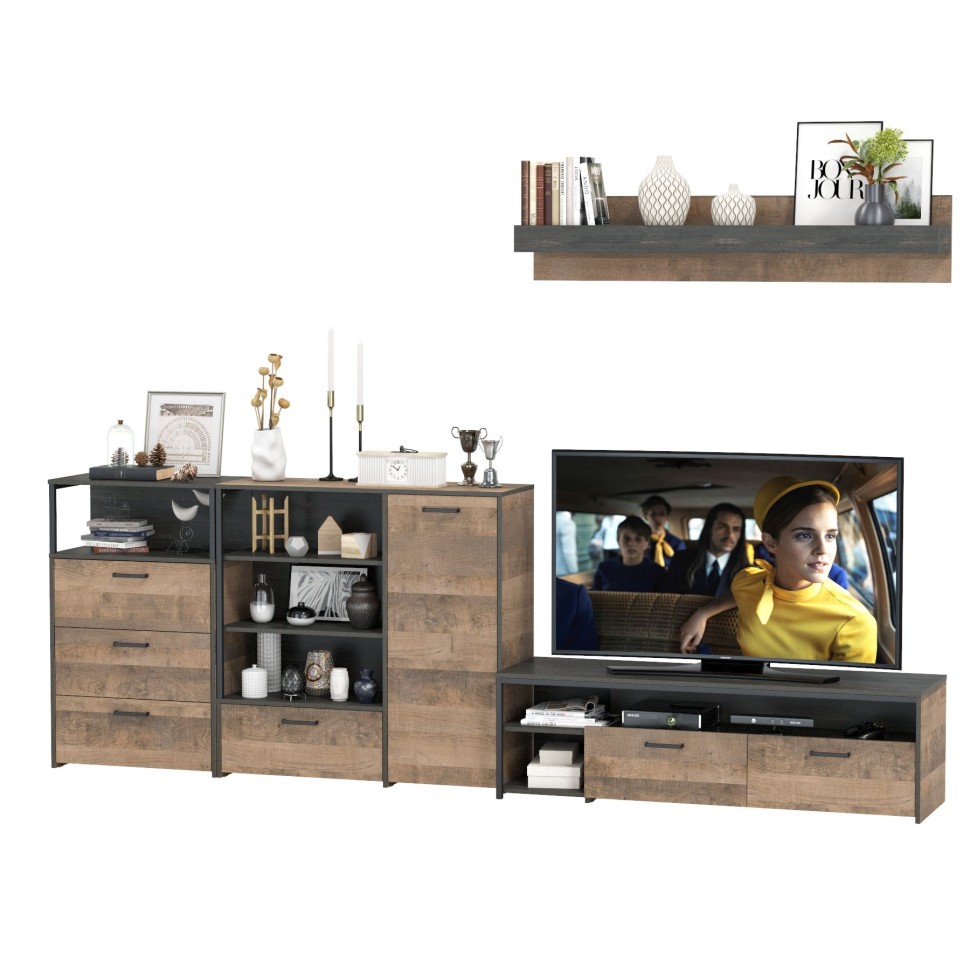 Трувор Гостиная 012, цвет дуб гранж песочный/интра, ШхГхВ 324,8х45,4х195 см., универсальная сборка