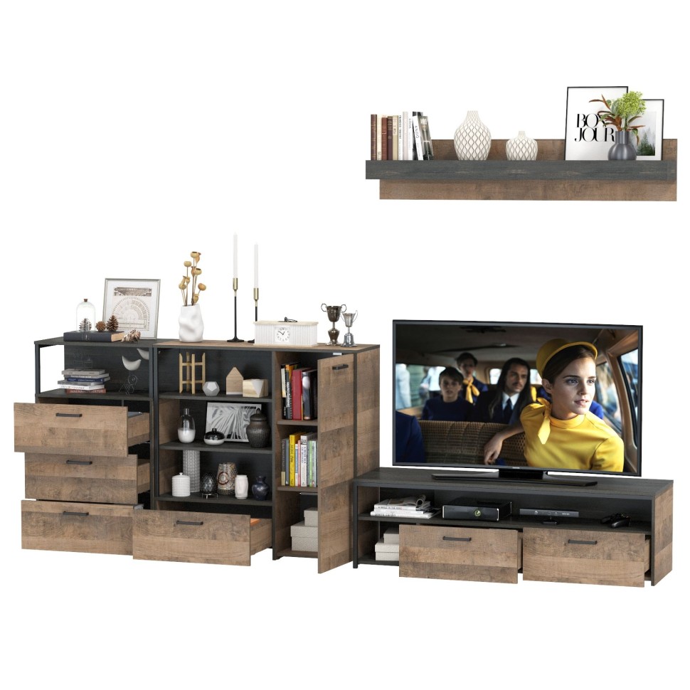 Трувор Гостиная 012, цвет дуб гранж песочный/интра, ШхГхВ 324,8х45,4х195 см., универсальная сборка