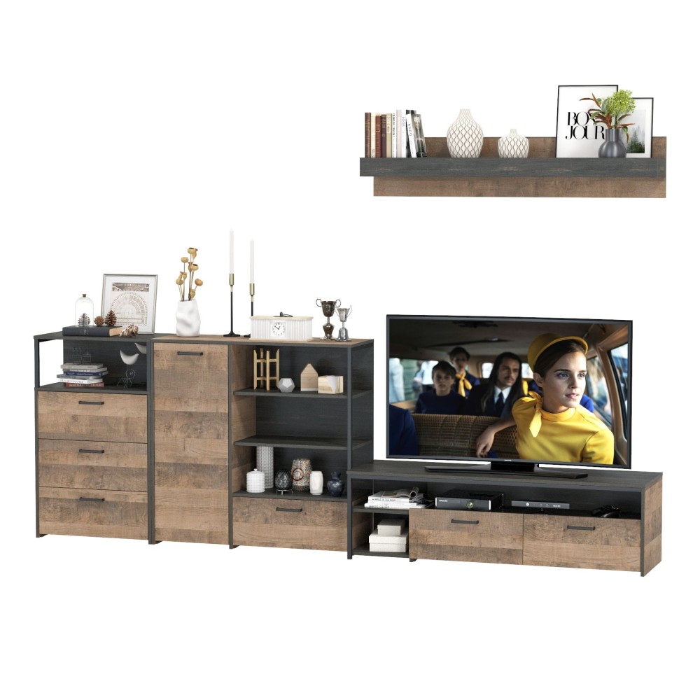 Трувор Гостиная 012, цвет дуб гранж песочный/интра, ШхГхВ 324,8х45,4х195 см., универсальная сборка