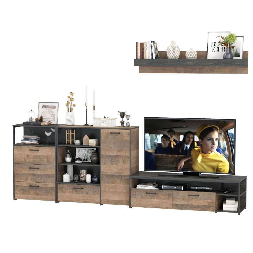 Трувор Гостиная 012, цвет дуб гранж песочный/интра, ШхГхВ 324,8х45,4х195 см., универсальная сборка