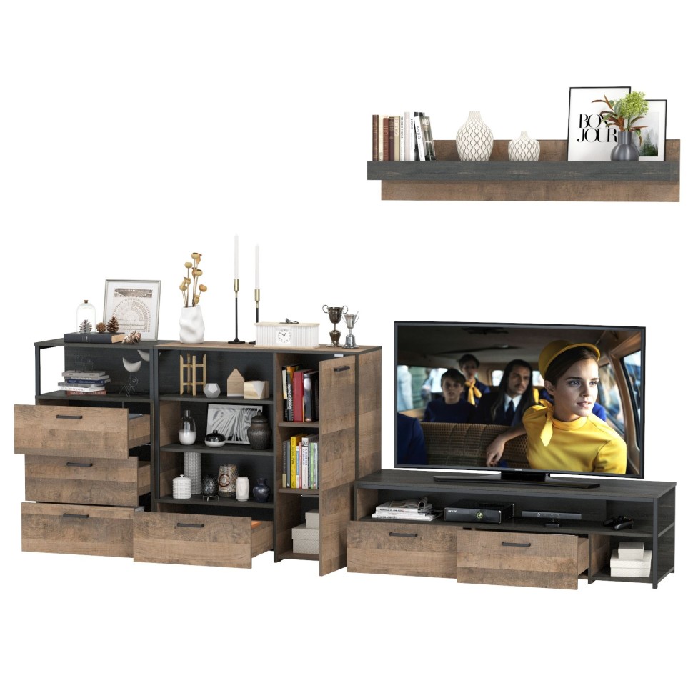 Трувор Гостиная 012, цвет дуб гранж песочный/интра, ШхГхВ 324,8х45,4х195 см., универсальная сборка