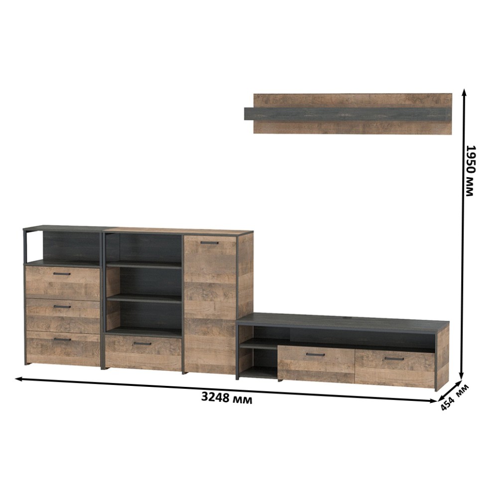 Трувор Гостиная 012, цвет дуб гранж песочный/интра, ШхГхВ 324,8х45,4х195 см., универсальная сборка