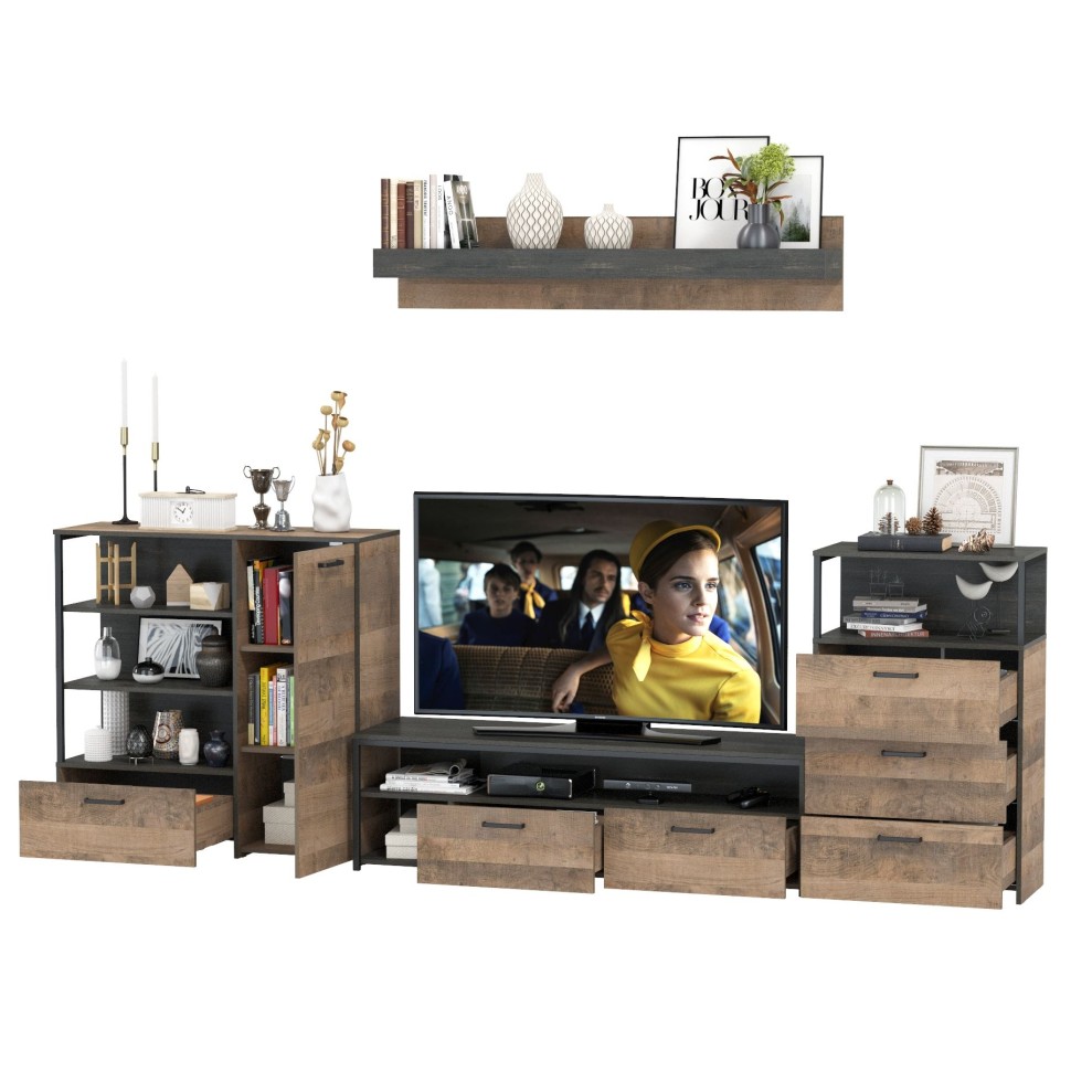 Трувор Гостиная 012, цвет дуб гранж песочный/интра, ШхГхВ 324,8х45,4х195 см., универсальная сборка