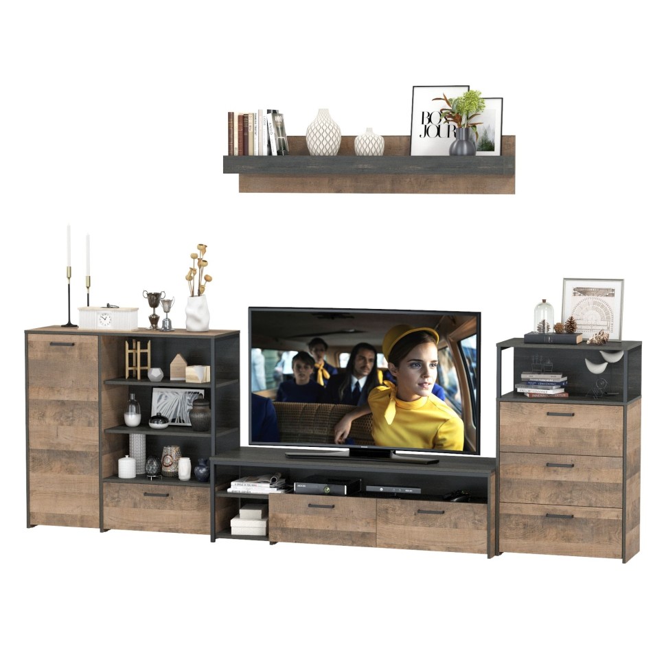 Трувор Гостиная 012, цвет дуб гранж песочный/интра, ШхГхВ 324,8х45,4х195 см., универсальная сборка