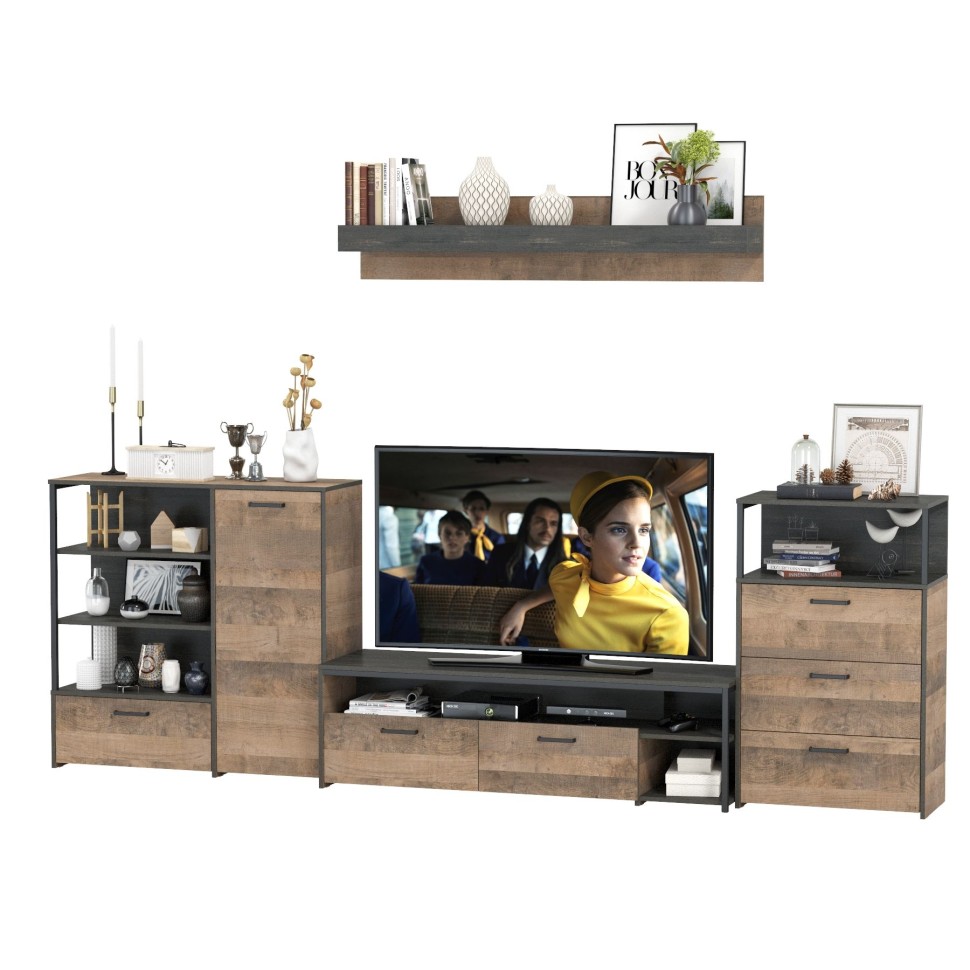 Трувор Гостиная 012, цвет дуб гранж песочный/интра, ШхГхВ 324,8х45,4х195 см., универсальная сборка