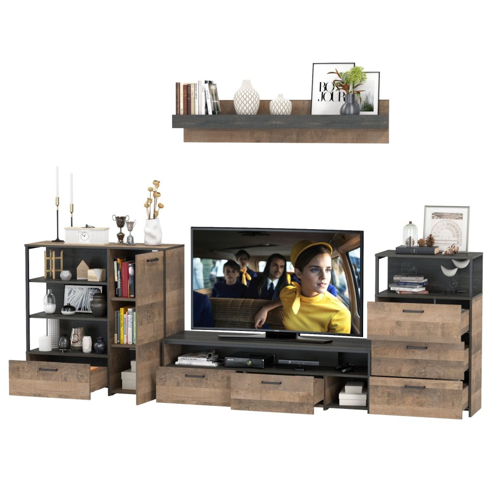 Трувор Гостиная 012, цвет дуб гранж песочный/интра, ШхГхВ 324,8х45,4х195 см., универсальная сборка