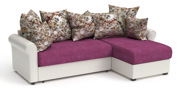 Диван угловой Рейн дельфин фиолетовый велюр+белая экокожа