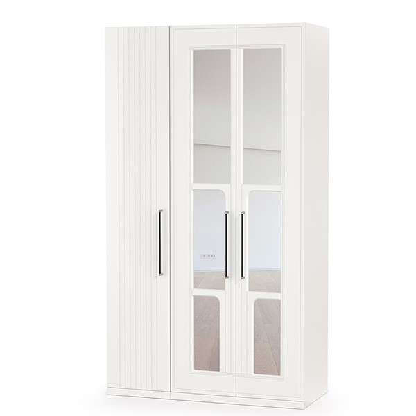 Валенсия Спальня Шкаф для одежды 3-х створчатый с зеркалами, цвет ЛДСП белый шагрень/МДФ белый шагрень, ШхГхВ 126х54,2х225,3 см., универсальная сборка