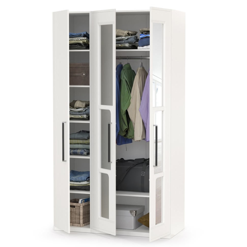Валенсия Спальня Шкаф для одежды 3-х створчатый с зеркалами, цвет ЛДСП белый шагрень/МДФ белый шагрень, ШхГхВ 126х54,2х225,3 см., универсальная сборка