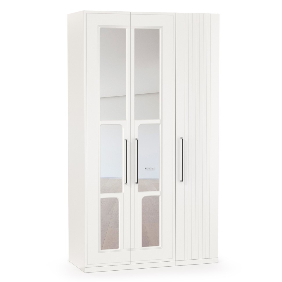 Валенсия Спальня Шкаф для одежды 3-х створчатый с зеркалами, цвет ЛДСП белый шагрень/МДФ белый шагрень, ШхГхВ 126х54,2х225,3 см., универсальная сборка
