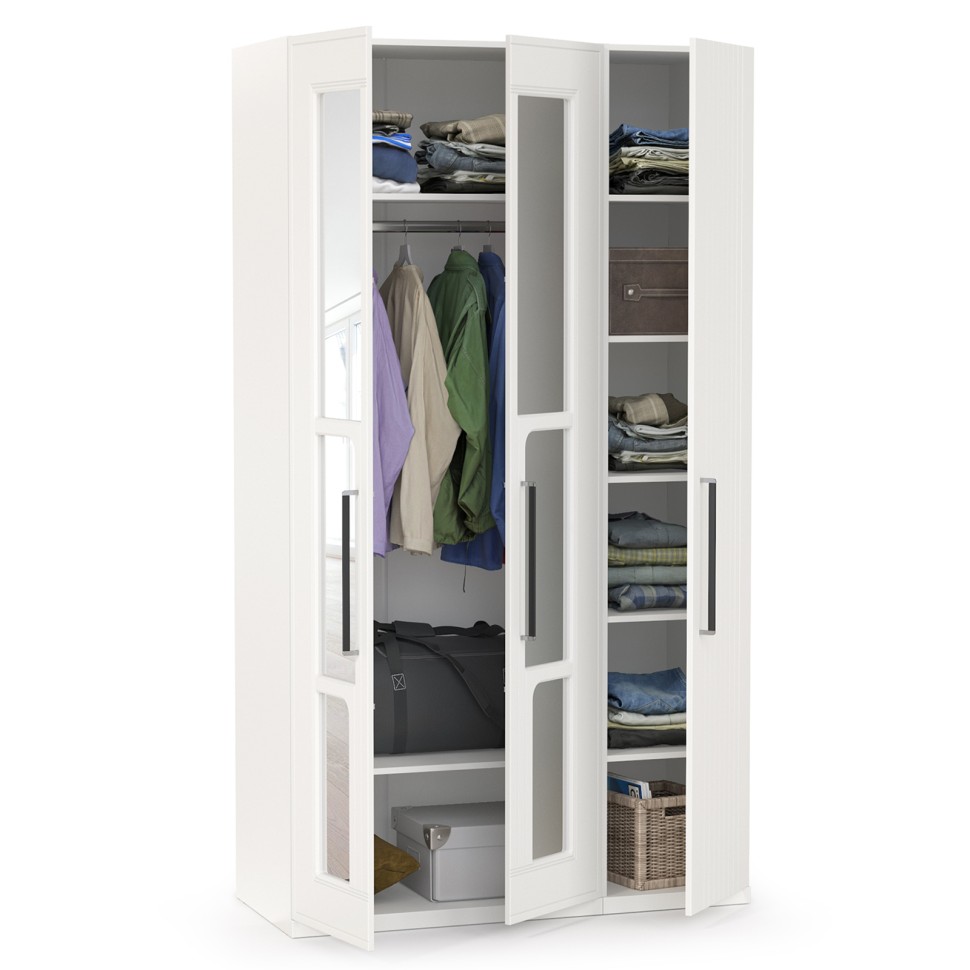 Валенсия Спальня Шкаф для одежды 3-х створчатый с зеркалами, цвет ЛДСП белый шагрень/МДФ белый шагрень, ШхГхВ 126х54,2х225,3 см., универсальная сборка