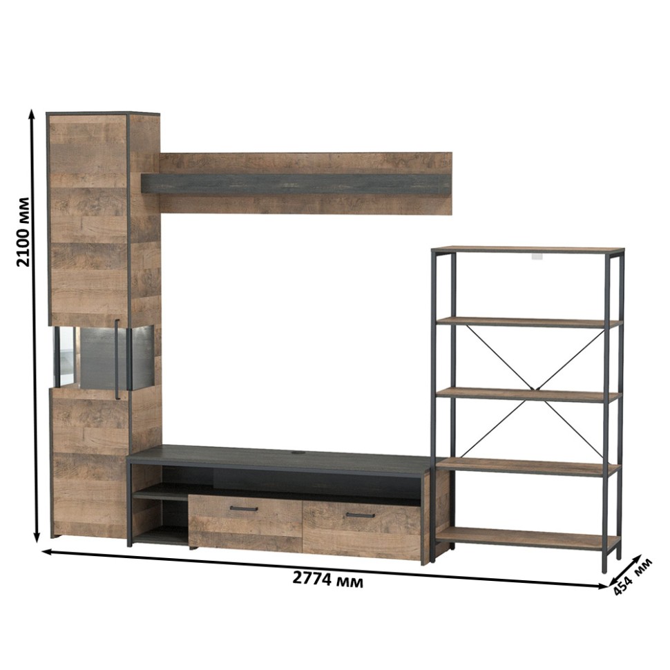 Трувор Гостиная 013, цвет дуб гранж песочный/интра, ШхГхВ 277,4х45,4х210 см., универсальная сборка