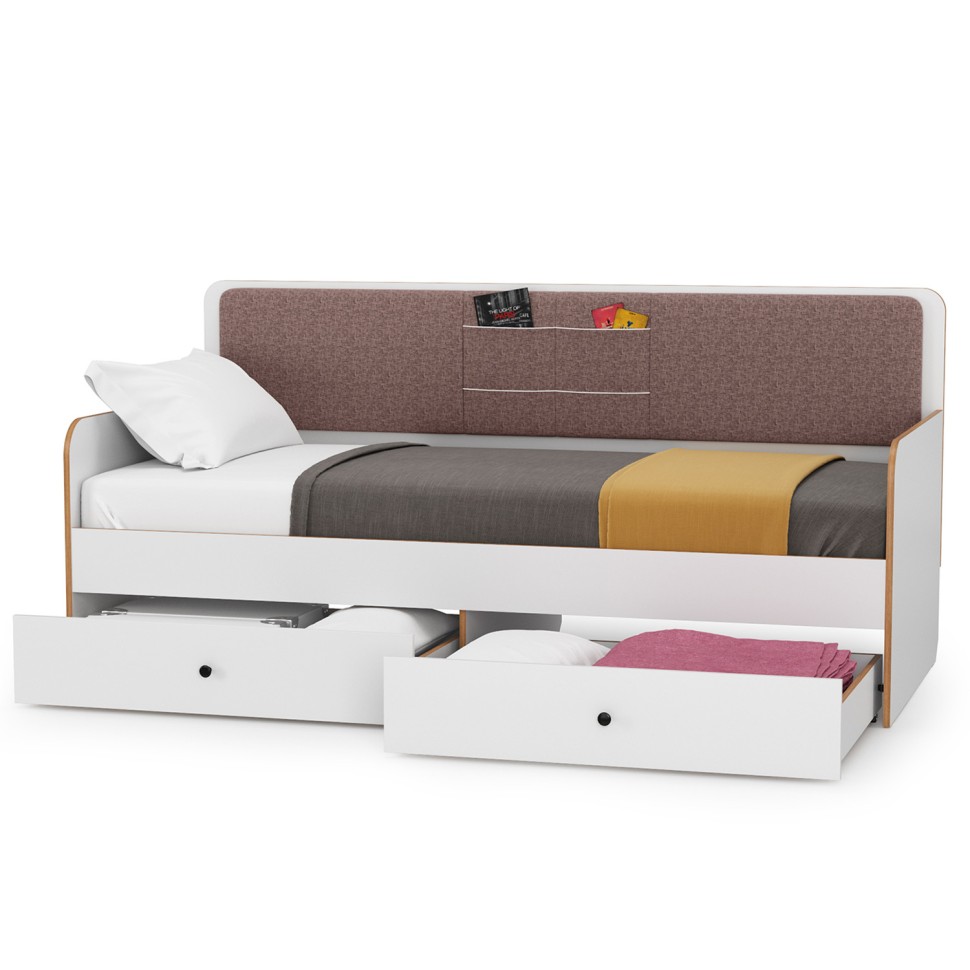 Вуди 11.02 Кровать цвет белый премиум/дуб крафт золотой/саванна латте, ШхГхВ 209,2х94,4х96,5 см, 900х2000 мм, б/м, осн. есть, матрас высотой до 200 мм