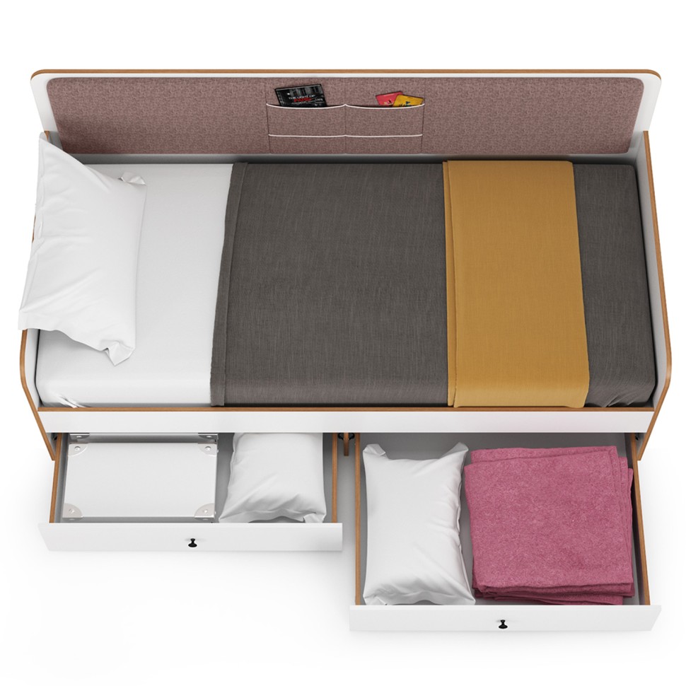 Вуди 11.02 Кровать цвет белый премиум/дуб крафт золотой/саванна латте, ШхГхВ 209,2х94,4х96,5 см, 900х2000 мм, б/м, осн. есть, матрас высотой до 200 мм