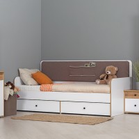 Вуди 11.02 Кровать цвет белый премиум/дуб крафт золотой/саванна латте, ШхГхВ 209,2х94,4х96,5 см, 900х2000 мм, б/м, осн. есть, матрас высотой до 200 мм