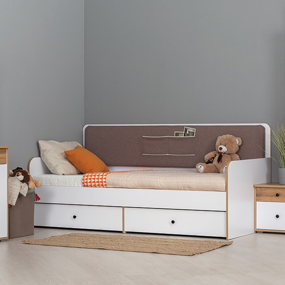 Вуди 11.02 Кровать цвет белый премиум/дуб крафт золотой/саванна латте, ШхГхВ 209,2х94,4х96,5 см, 900х2000 мм, б/м, осн. есть, матрас высотой до 200 мм