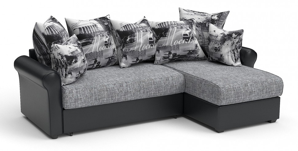 Диван угловой Рейн дельфин серая рогожка+черная экокожа