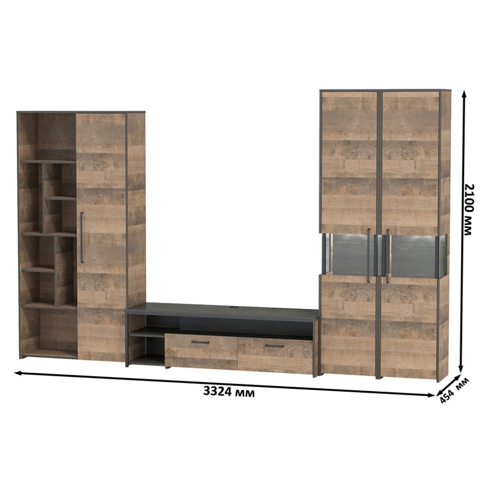 Трувор Гостиная 034, цвет дуб гранж песочный/интра, ШхГхВ 332,4х45,4х210 см., универсальная сборка