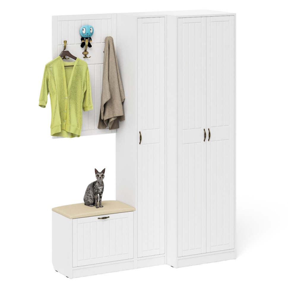 Прихожая П-6 Компоновка № 27, цвет белая шагрень/фасады МДФ белое дерево фрезеровка прованс, ШхГхВ 150х50х210 см., универсальная сборка