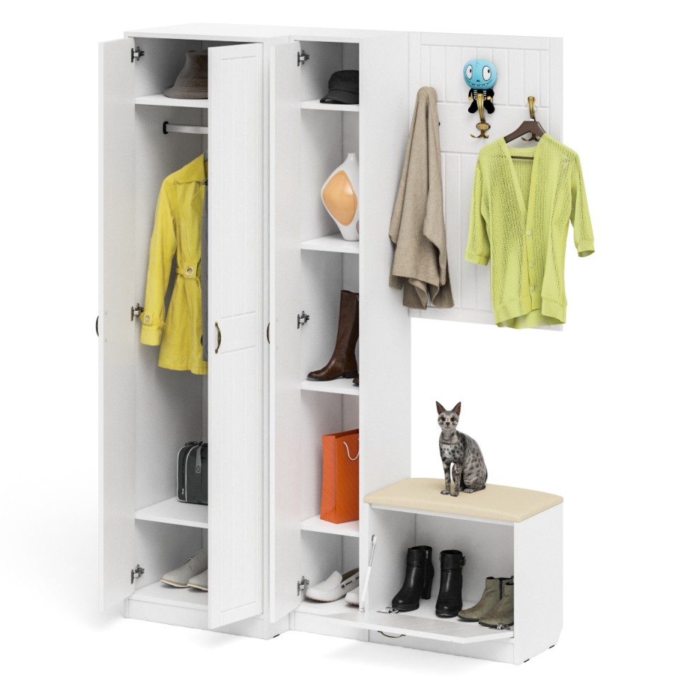 Прихожая П-6 Компоновка № 27, цвет белая шагрень/фасады МДФ белое дерево фрезеровка прованс, ШхГхВ 150х50х210 см., универсальная сборка