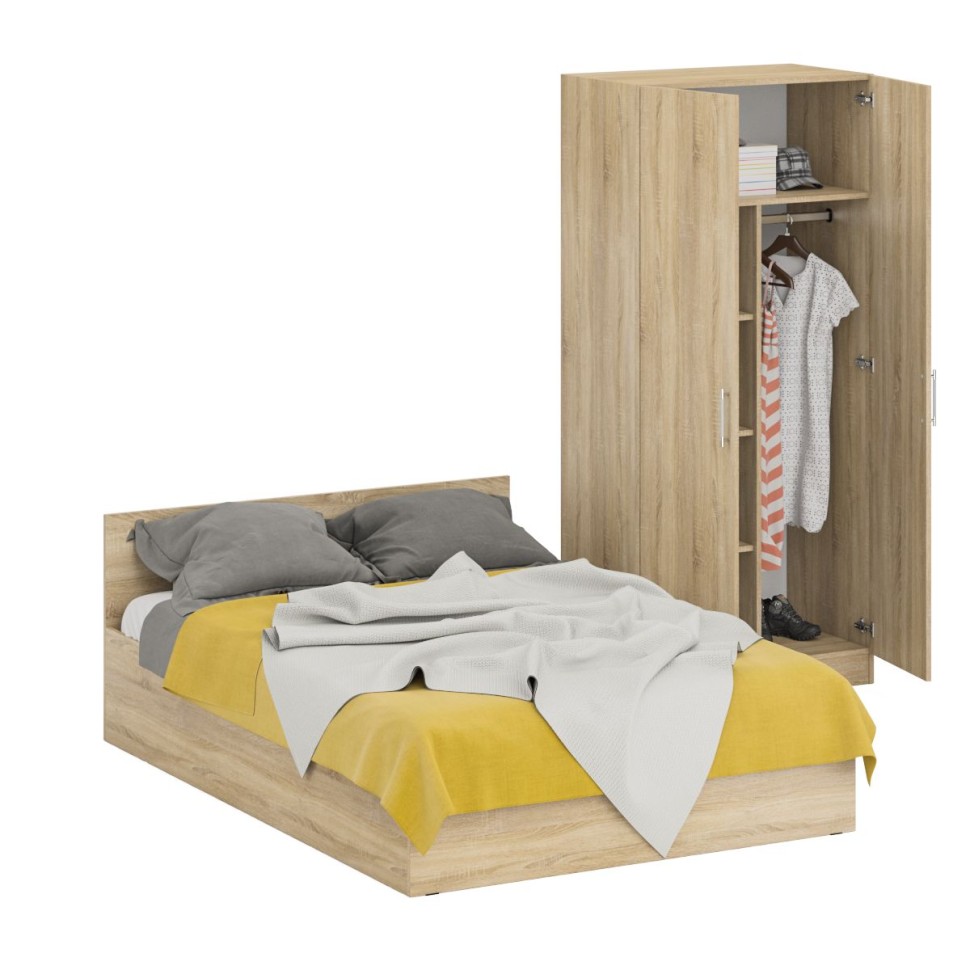 Кровать 1400 + Шкаф 2-х створчатый Стандарт, цвет дуб сонома, ШхГхВ 143,5х203,5х70 + 90х52х200 см., сп.м. 1400х2000 мм., без матраса, основание есть