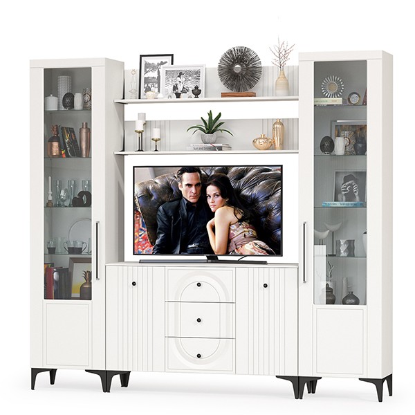 Валенсия Гостиная № 101, цвет ЛДСП белый шагрень/МДФ белый шагрень, ШхГхВ 243,2х38,4х225,2 см., ниша для ТВ 133х38х90 см.