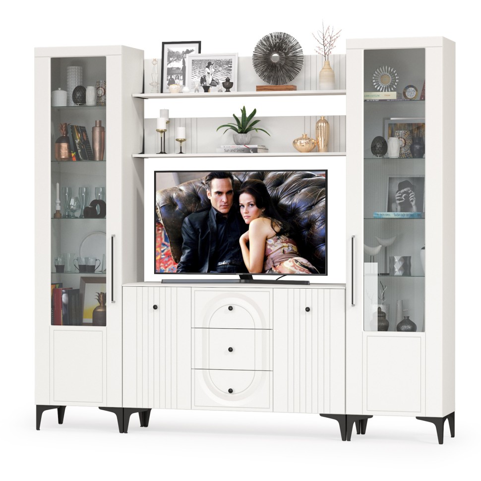 Валенсия Гостиная № 101, цвет ЛДСП белый шагрень/МДФ белый шагрень, ШхГхВ 243,2х38,4х225,2 см., ниша для ТВ 133х38х90 см.