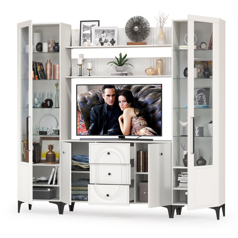 Валенсия Гостиная № 101, цвет ЛДСП белый шагрень/МДФ белый шагрень, ШхГхВ 243,2х38,4х225,2 см., ниша для ТВ 133х38х90 см.