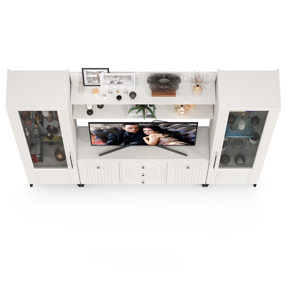 Валенсия Гостиная № 101, цвет ЛДСП белый шагрень/МДФ белый шагрень, ШхГхВ 243,2х38,4х225,2 см., ниша для ТВ 133х38х90 см.