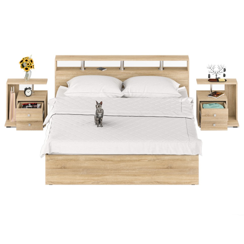 Камелия Кровать 1800 + две тумбы, цвет дуб сонома, ШхГхВ 296х217х78,2 см., сп.м. 1800х2000 мм., без матраса, основание есть