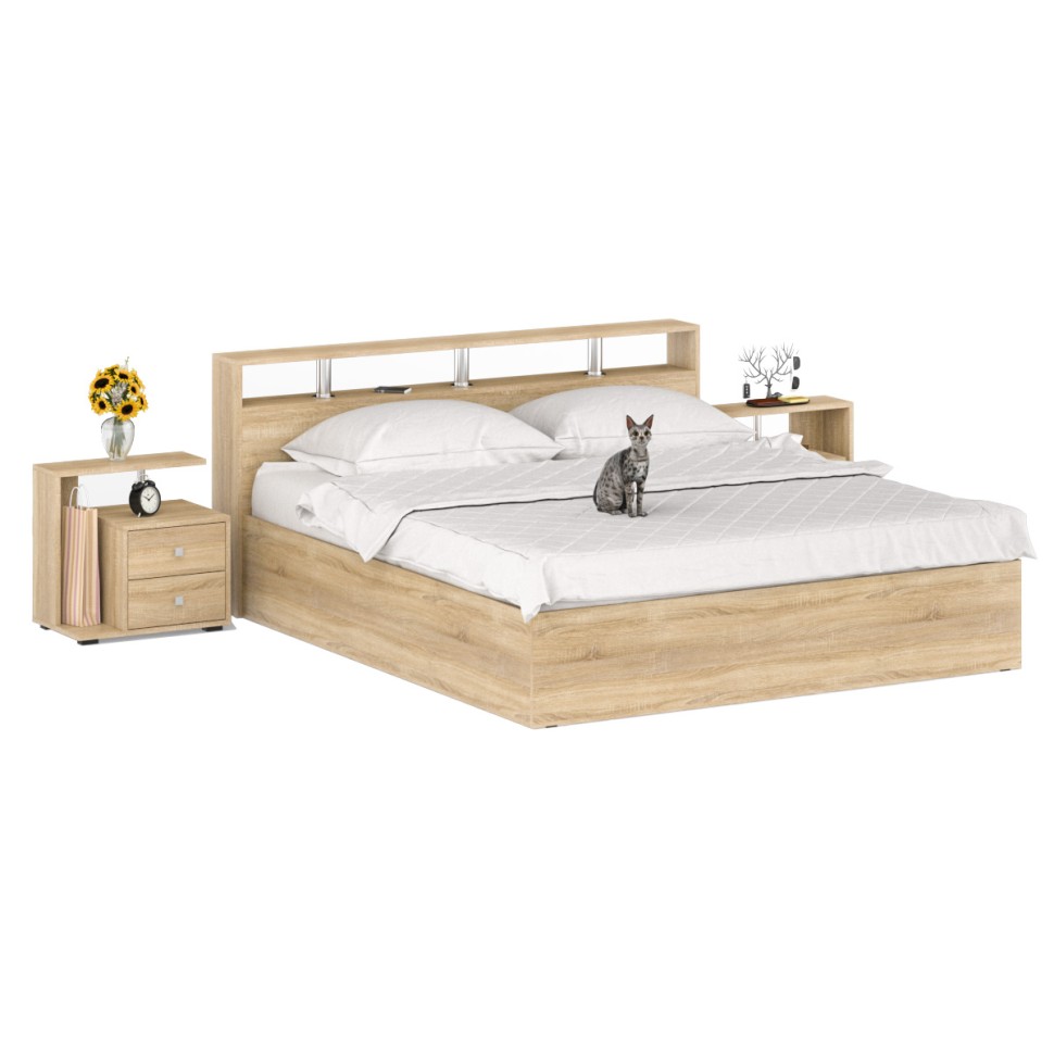 Камелия Кровать 1800 + две тумбы, цвет дуб сонома, ШхГхВ 296х217х78,2 см., сп.м. 1800х2000 мм., без матраса, основание есть