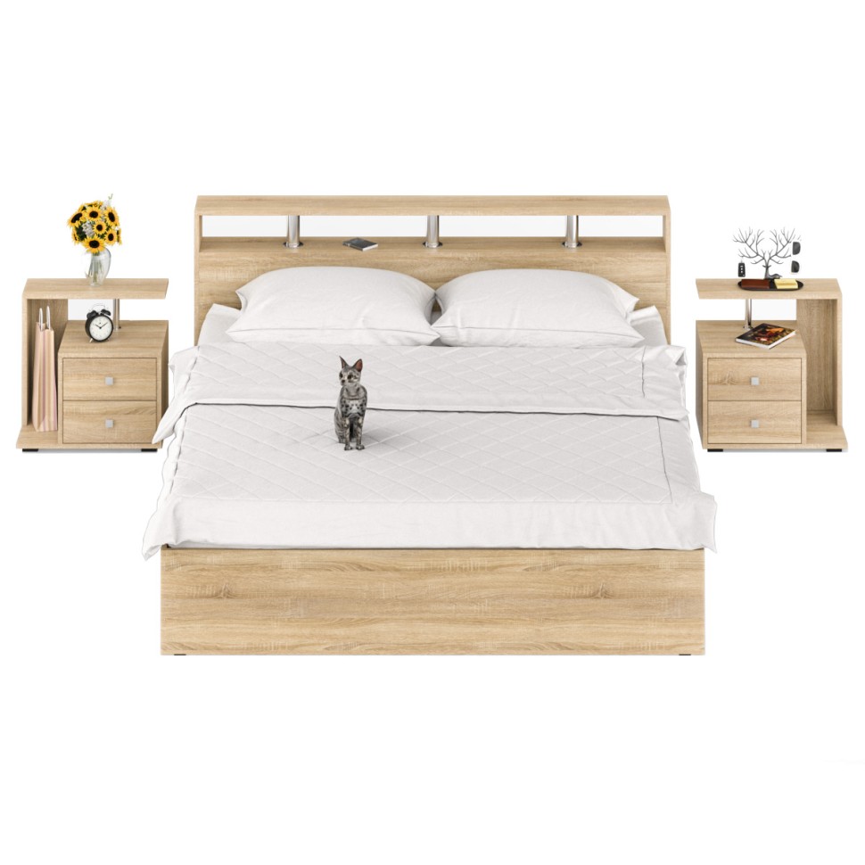 Камелия Кровать 1800 + две тумбы, цвет дуб сонома, ШхГхВ 296х217х78,2 см., сп.м. 1800х2000 мм., без матраса, основание есть